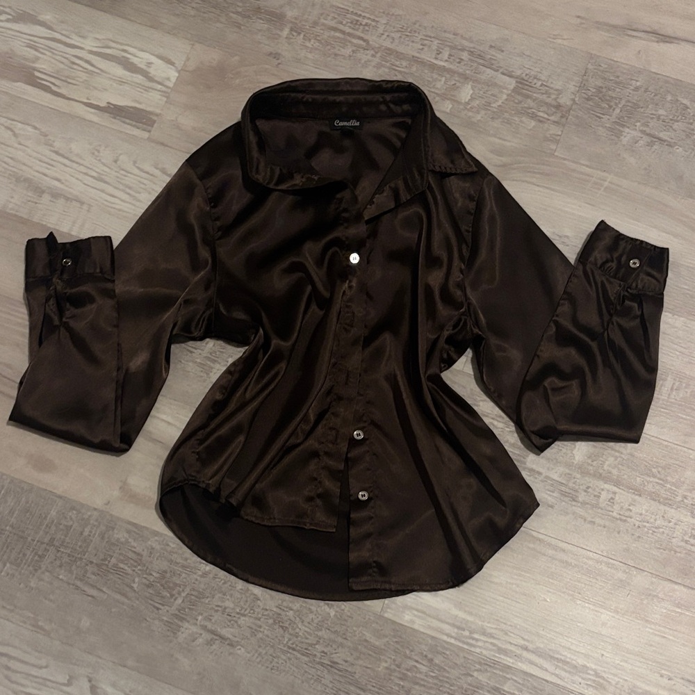Brown Satin Button-Up Shirt
